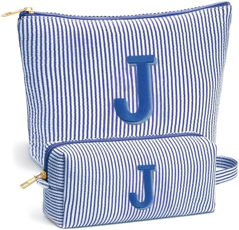 Travel Essentials - Portable Travel Toiletry Bag for Women, Initial Makeup Kit Organizer Make up Cosmetic Bag Set Blue Stuff Birthday Gifts for Women Daughter Mom, Blue Letter J by Fohufo