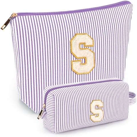 2 PCS Initial Makeup Bags for Women: Cosmetic Bag for Travel Toiletry - Birthday Gifts for 11 12 13 14 15 16 17 18 Years Old Girl Graduation Teacher Gift- Teen Girl Gifts Trendy Stuff - Purple S by mibasies