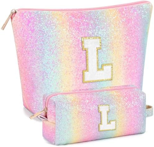 mibasies 2 PCS Initial Makeup Bags for Women: Cosmetic Bag for Travel Toiletry - Birthday Gifts for Teen Girl Gifts Trendy Stuff - Graduation Teacher Gift for Girlfriend -Glitter Rainbow L by mibasies
