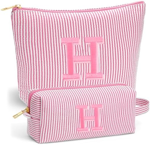 Christmas Gifts for Women - Christmas Stocking Stuffers, Personalized Small Makeup Bag for Purse Travel Makeup Bag Set, Initial Make up Bag Pouch,Birthday Gifts for Women, Pink Letter H by Fohufo