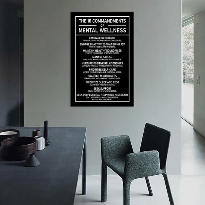 The 10 Commandments Of Mental Wellness Motivational Canvas Wall Art Inspirational Positive Growth Quote Poster Painting Prints for Office Living Room Home Decor Framed Artwork[24''W x 36''H]