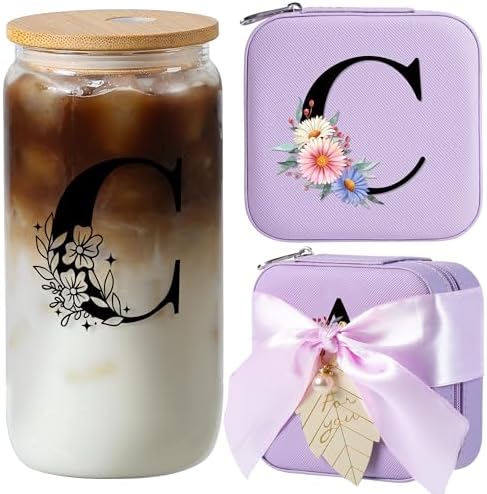 AYGXU Bridesmaid Gifts for Wedding Day,Bridesmaid Proposal Gifts,Drinking glass with Bamboo Lids and Straw,Jewelry Organizer,Travel Essentials Small Jewelry Box,Teen Girls Gifts,Initial C purple by AYGXU