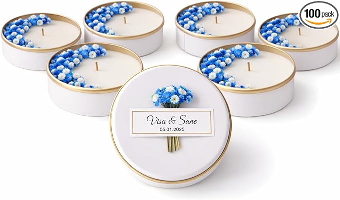 Personalized Natural Soy Wax Wedding Favor Candle Gift Set for Guest - Fall Winter Christmas Custom Dried Flower Bridal Baby Shower Gifts in Bulk (100 Pieces, Blue Flower)