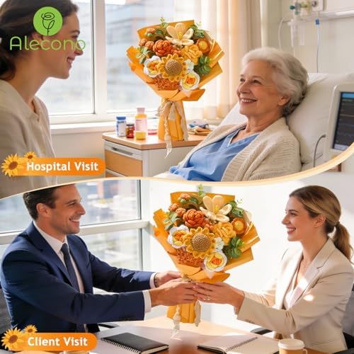 Alecono Large Orange Crochet Sunflower Bouquet Handmade Knitted Floral Set - Image 6