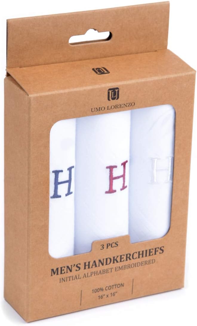 Initial Handkerchief for Men, Monogrammed Boxed 3 Piece Set,100% Cotton