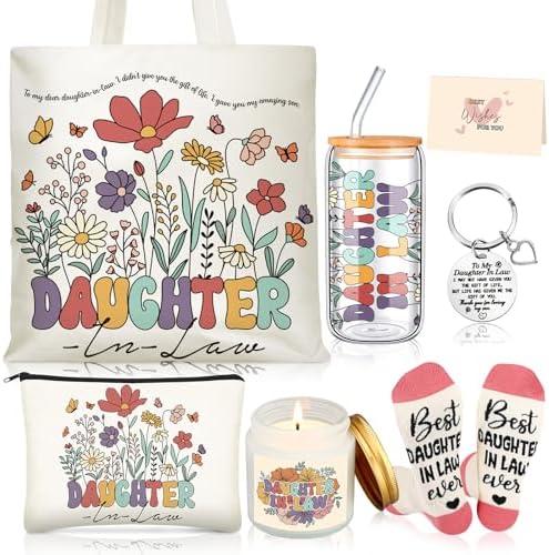 Funnymoom 6 Pcs Daughter in Law Gifts from Mother in Law with 17 oz Glass Cup Canvas Tote Bag for Birthday Wedding Gifts by Funnymoom
