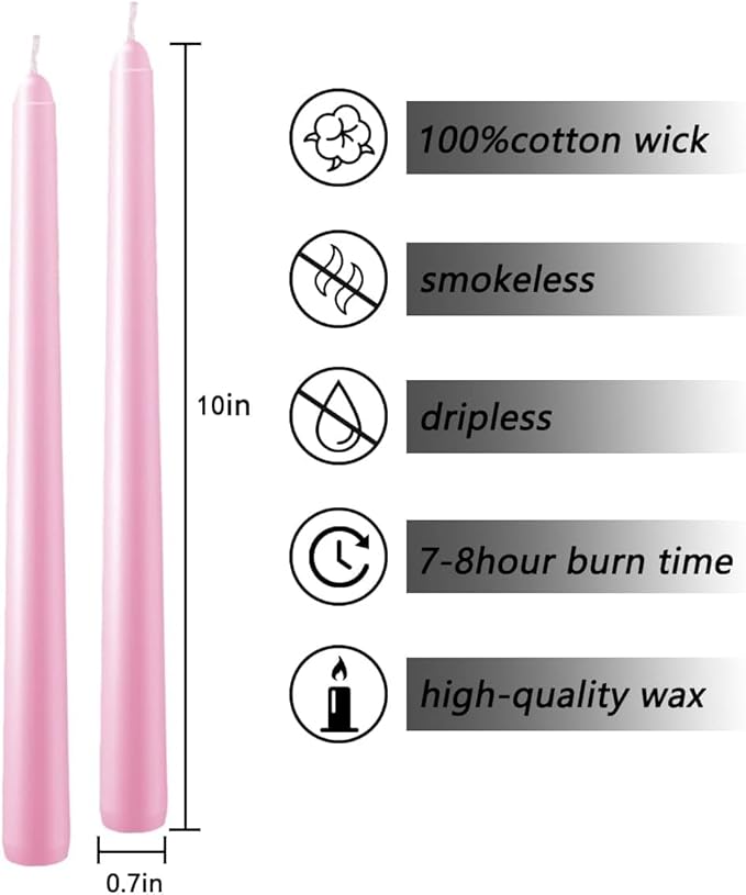Set of 14 Pink Taper Candles, 7-8 Hours Burn Time, Unscented, Smokeless and Dripless, 4/5 x 10 Inch Dinner Candle Set for Valentine's Day,Household, Wedding, Party and Home Décor Candlesticks