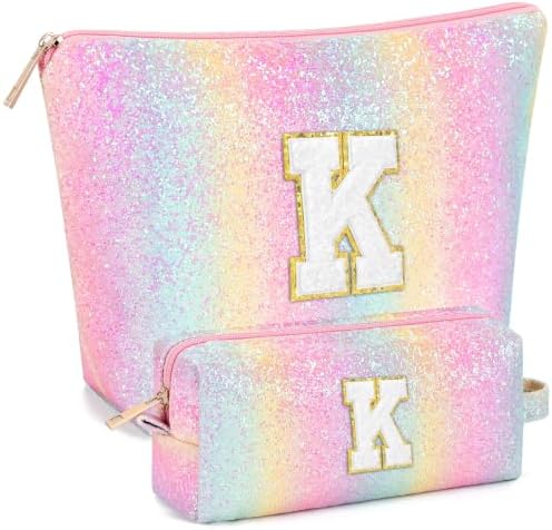 mibasies 2 PCS Initial Makeup Bags for Women: Cosmetic Bag for Travel Toiletry - Birthday Gifts for Teen Girl Gifts Trendy Stuff - Graduation Teacher Gift for Girlfriend -Glitter Rainbow K by mibasies