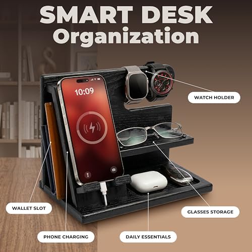TESLYAR Wood Phone Docking Station for Men - Desktop or Nightstand Organizer - Birthday Gifts for Men, Dad - Anniversary Idea from Wife - Key Holder, Stand Wallet, Watch & Essentials (Granite Black) - Image 3
