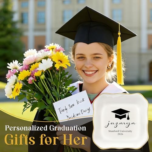 College and High School Graduation Gift for Her, Personalized Graduation Jewelry Dish Class of 2026, Ceramic Ring Tray 4.3x4.3 inches, Customizable Names and Birth Month Flowers - Image 3