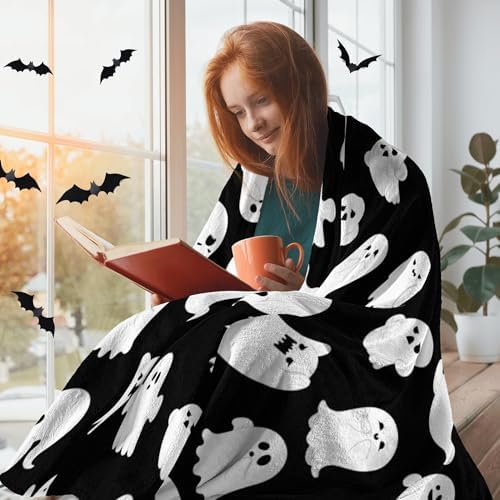 Halloween Blankets Ghost Throw Blanket, Cute Halloween Spooky Black and White Throw Blanket Lightweight Cozy Flannel Blanket for Adults Kids Couch Sofa Bed Home Decorations 80"X60" - Image 2
