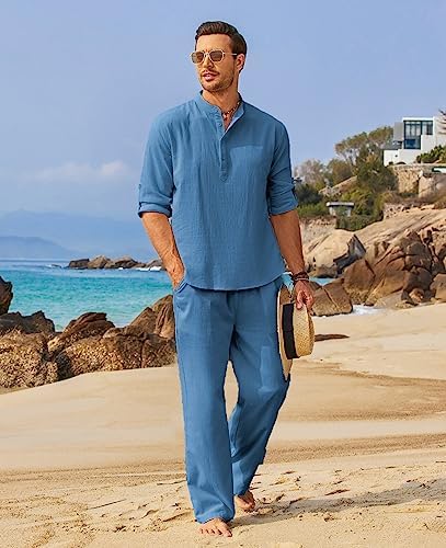 COOFANDY Men’s 2 Piece Cotton Linen Set Casual Beach Outfits Long Sleeve - Image 3