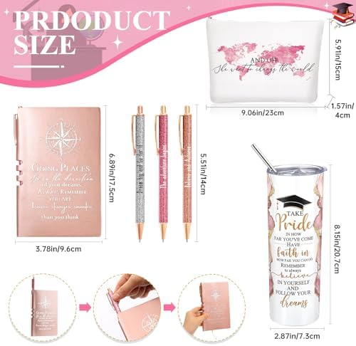 Domensi 6 Pcs Class of 2026 Graduation Gifts for Her Women Rose Pink 20 oz Tumbler Makeup Bag Journal Ballpoint Pen Inspirational Graduation Gifts Set for College High School Daughter Sister Friend - Image 2