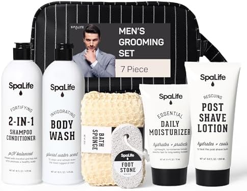 SpaLife 7-Piece Men's Body Care Gift Set | Mens Gift Set with 2-in-1 Shampoo & Conditioner, Body Wash, Moisturizer, Post-Shave Lotion, Sponge & Foot Stone | Gifts for Men | 7-Piece Bundle by SpaLife