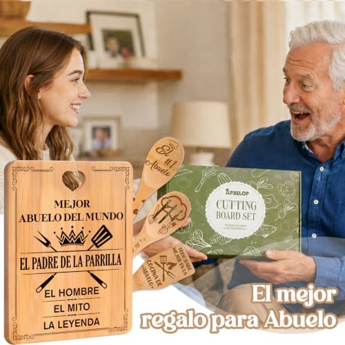 Regalos para Abuelo en Español, Tabla de Cortar de Bambú con 3 Utensilios - Image 3