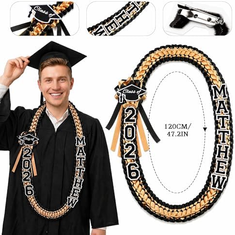 Personalized Graduation Lei 2026 – Custom Name Braided Satin Ribbon Lei Class of 2026 with Varsity Letter Patches & Graduation Cap Charm 12 School Colors | Graduation Gift for Him Her - Image 3