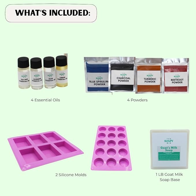 The Soapy Biz 11-Piece Starter Soap Making Kit – DIY Goat Milk Soap Base, Essential Oils, Natural Powders & Silicone Molds – Beginner-Friendly Craft Gift – Make Custom Handmade Soaps at Home