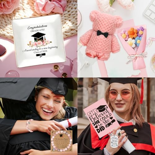 12 Pieces 2026 Graduation Gift Box Set, Class of 2026 Graduation Gift Basket with 16 Oz Glass, Socks, Bear Towel, Journal Notebook, Makeup Bag, Bracelet, Keychain for High School College Gifts - Image 5