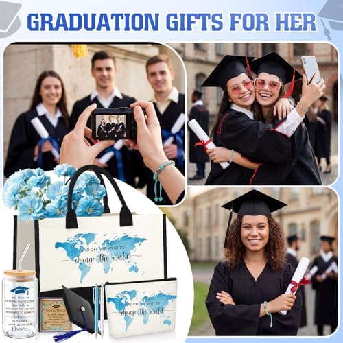 Vesici 8 Pcs Graduation Gifts Set for Women Her 2026 with Tote Bag Makeup Bag Bracelet Box Glass Cup Pens Class of 2026 Congratulations Graduate Gift Basket for College Senior Nurse(Blue) - Image 4