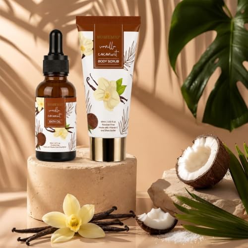 Vanilla Coconut Bath Gift Set, Spa Basket with Body Wash, Lotion, Bath Bomb, and Serum - Image 4