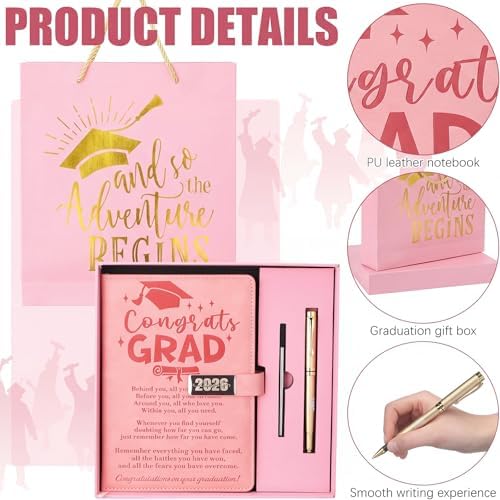Christmas 2026 Congrats Grad Birthday Gift Pink Leather Notebook with Pen - Image 3