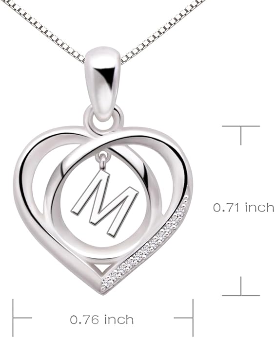 ALOV Jewelry Sterling Silver Initial Letter Alphabet Love Heart Cubic Zirconia Pendant Necklace