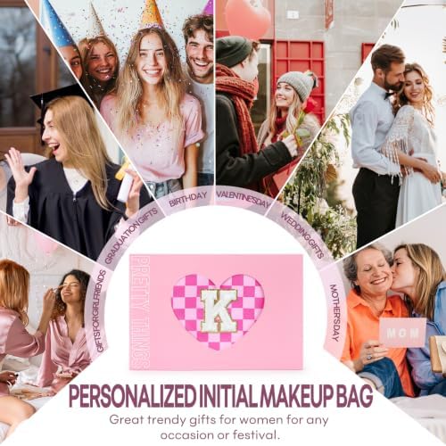 mibasies 2 PCS Initial Makeup Bags for Women: Cosmetic Bag for Travel Toiletry - Birthday Gifts for Teen Girl Gifts Trendy Stuff - Graduation Teacher Gift for Girlfriend -Checkered Rose Red K - Image 6
