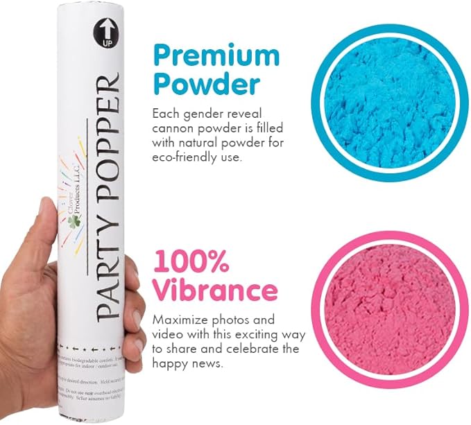 Clover Products Premium Gender Reveal Powder Cannon – 4 Pack Includes 2 Pink & 2 Blue | 12 Inch Gender Reveal Poppers | Compressed Air Powered | Each Box Contains a FREE “It’s a Girl & Boy“ Balloon..