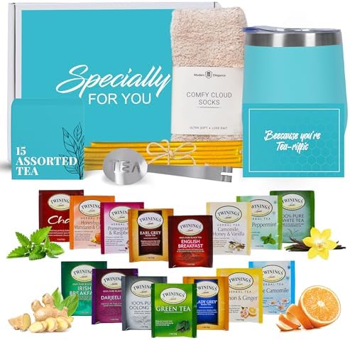 Tea Gifts for Women – Sampler Gift Basket with 15 Unique Blends, Honey Sticks, Stainless Tumbler, Cozy Socks & Gift-Ready Box (Cozy Socks -Teal) by ModernElegance