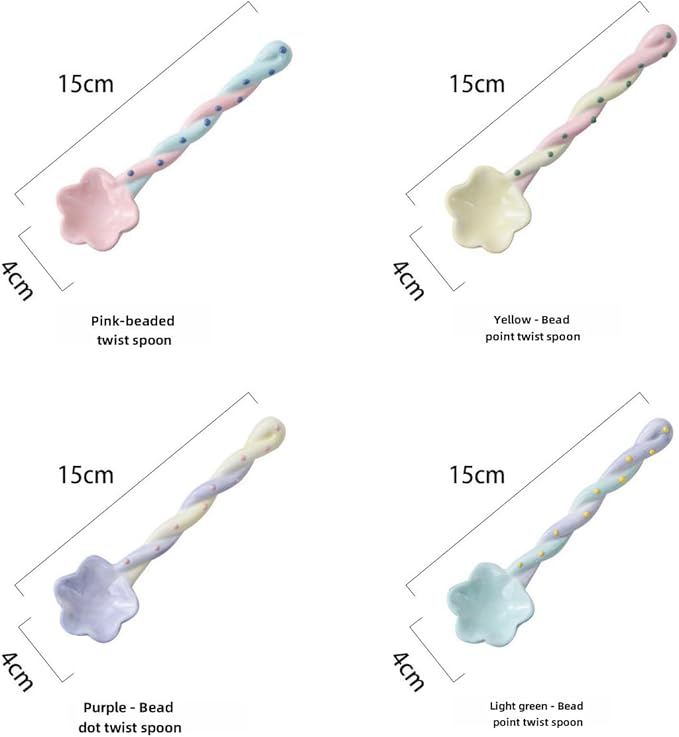 4-Pack - Ceramic Vintage Afternoon Tea, Coffee Whisk, Floral embossed beaded dessert spoon，Handmade Spoon, Long-Handle Coffee Scoop, tea scoop for loose tea, Size 5.9 * 1.5in(15 * 4cm)