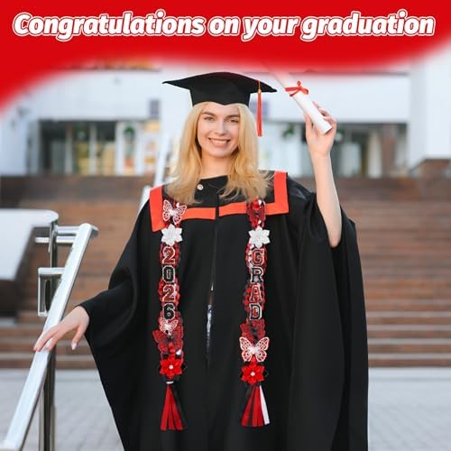 Class of 2026 Graduation Leis,Black&Red Double Ribbon Lei Set,Handmade Butterfly Flower Accessory,Graduation Gift for Her Him - Image 5