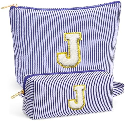 Travel Essentials - Portable Travel Toiletry Bag for Women, Initial Makeup Kit Organizer Make up Cosmetic Bag Set Blue Stuff Birthday Gifts for Women Daughter Mom, Blue Letter J by Fohufo