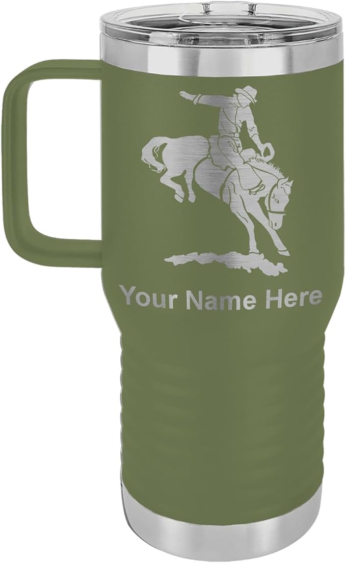 LaserGram 20oz Vacuum Insulated Travel Mug with Handle, Bronco Rider, Personalized Engraving Included (Camo Green)