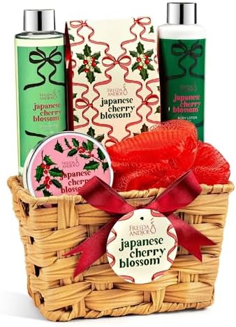 Cherry Blossom Spa Gift Set Bath & Body Basket for Women & Men by FreidaandJoe