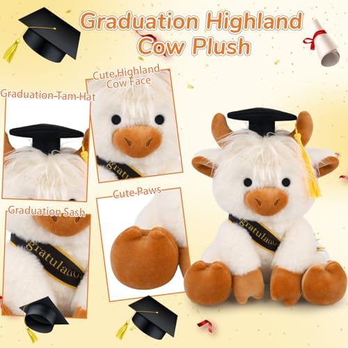 2026 Graduation Plush Toy- White Highland Cow with Gift Box Stuffed Animal - Image 2