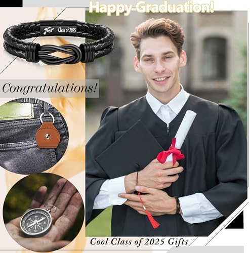Graduation Gifts for Him, 2025 High School Graduation Gifts Class of 2025 Teen Gift Trendy Stuff Leather Bracelet for Men with Pocket Hug Token Compass College Middle 5th 8th Grade Masters Degree Graduate Knot Jewelry for Son Grandson Boyfriend - Image 4