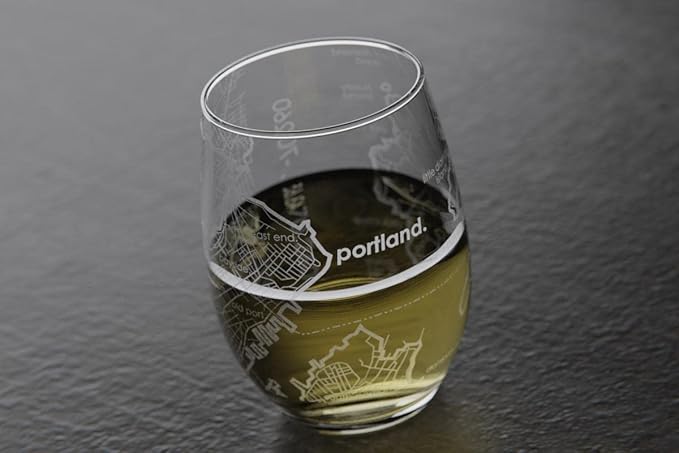 Well Told Engraved Portland Maine Map Stemless Wine Glass, Etched Glass (15 oz, Clear) City Custom Gifts for Lovers