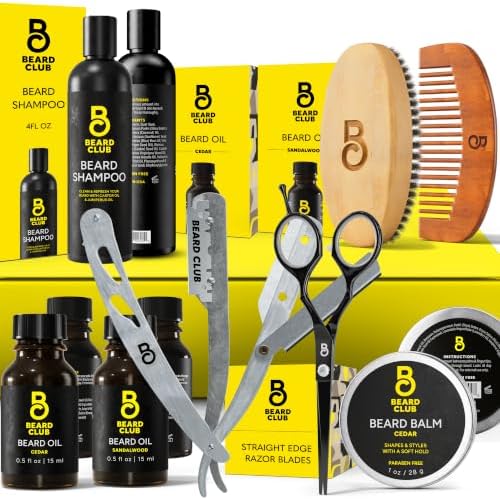 The Beard Club Beard Kit for Men - Grooming & Care Kit - Cedar & Sandalwood Oil, Cedar Balm, Shampoo, Brush, Comb, Trimming Scissors, Straight Edge Razor - Gift Set by TheBeardClub