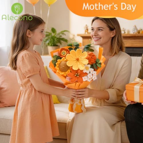 Alecono Crochet Flower Bouquet, Orange Handmade Sunflower Lily Floral - Image 5