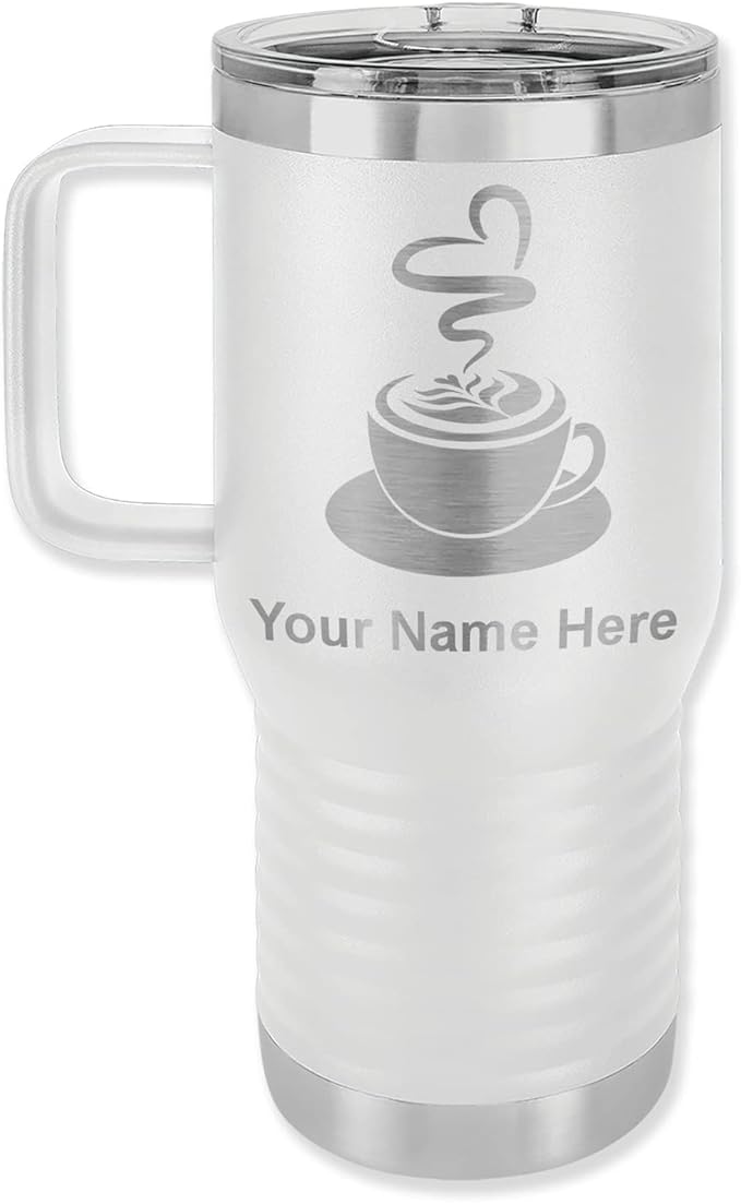LaserGram 20oz Vacuum Insulated Travel Mug with Handle, Cup of Coffee, Personalized Engraving Included (White)