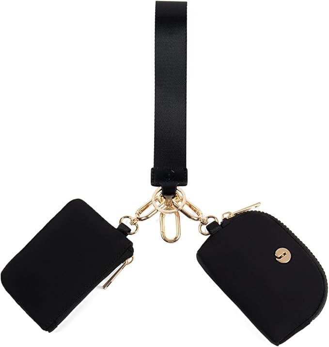 Dual Pouch Wristlet Keychain Wallets for Women with 2 Detachable Zipper Coin Purse - Small and Portable Mini Card Wallet for Women Men Gold Hardware Black+Black