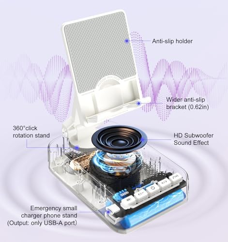 Gifts for Men Women, Bluetooth Speaker Phone Stand with Charging Function 360° Rotable Adjustable Cell Phone Holder HD Surround Sound for Desk Fits All Phones,Tablet (White) - Image 3