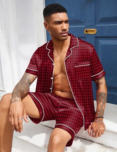 Ekouaer Mens Silk Satin Pajamas Set Short Sleeve Button Up Lounge Pjs Set - Image 5