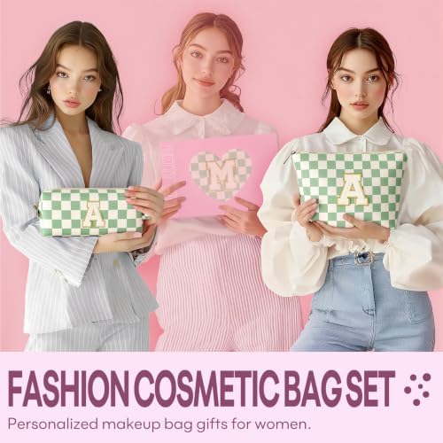 mibasies 2 PCS Initial Makeup Bags for Women: Cosmetic Bag for Travel Toiletry - Birthday Gifts for Teen Girl Gifts Trendy Stuff - Graduation Teacher Gift for Girlfriend -Checkered Green N - Image 5