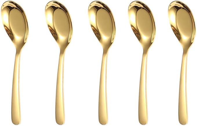 5 PCS Stainless Steel Mirror Finish Soup & Dessert Spoons for Soup, Rice, Tea, Milk, Coffee & Ice Cream（Golden）