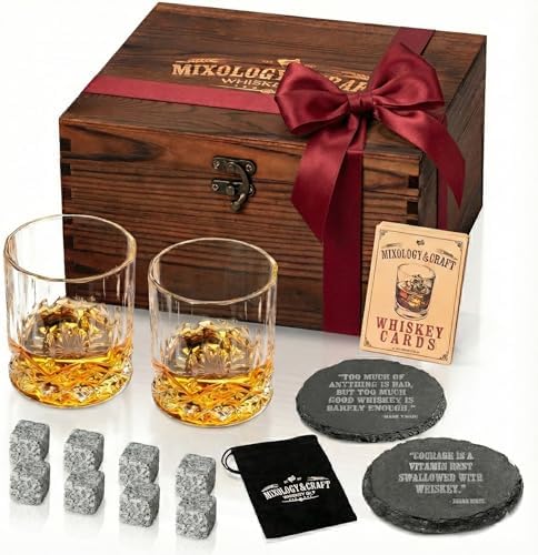 Mixology & Craft Whiskey Stones Gift Set: with Two 10oz Lead-Free Crystal Whiskey Glasses, 8 Whiskey Stones with Velvet Bag, 2 Slate Coasters & Recipe Cards in Wooden Crate | Great by MixologyCraft