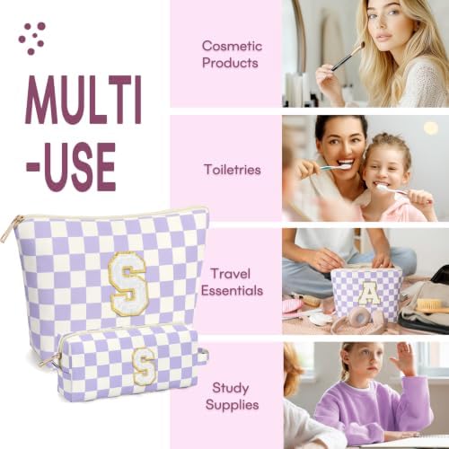 mibasies 2 PCS Initial Makeup Bags for Women: Cosmetic Bag for Travel Toiletry - Birthday Gifts for Teen Girl Gifts Trendy Stuff - Graduation Teacher Gift for Girlfriend -Checkered Purple S - Image 4