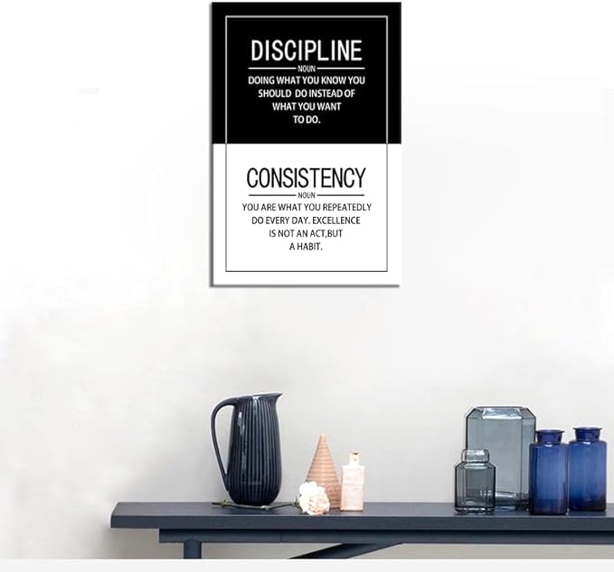 Discipline Consistency Noun Quote Motivational Wall Art for Office Inspiration Positive Poster Inspirational Canvas Painting Prints Wall for Living Room Home Decor Framed Artwork [12''W x 18''H]
