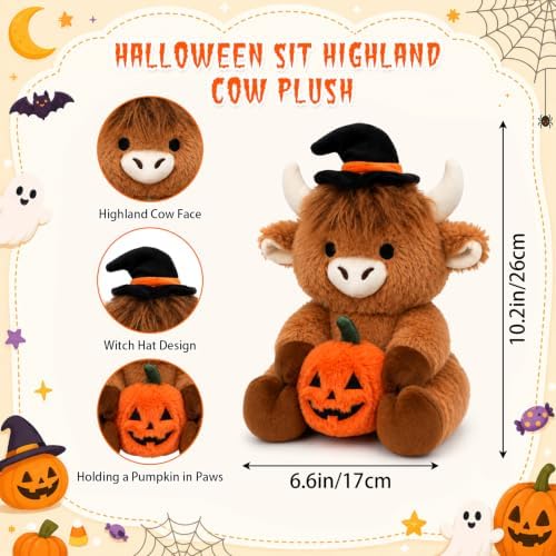 Halloween Plush- 10inch Highland Cow Stuffed Animals Toy Holding a Pumpkin - Image 2