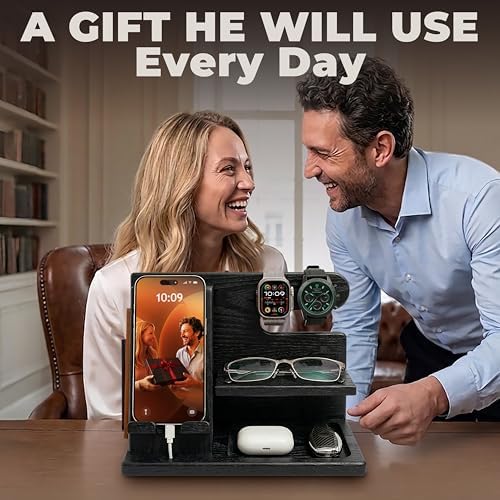 TESLYAR Wood Phone Docking Station for Men - Desktop or Nightstand Organizer - Birthday Gifts for Men, Dad - Anniversary Idea from Wife - Key Holder, Stand Wallet, Watch & Essentials (Granite Black) - Image 4